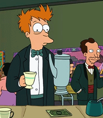 Frye from Futurama, trembling and wide-eyed due to excessive coffee consumption.