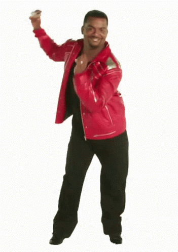 Carlton Banks from the Fresh Prince of Bel-Air performs his iconic dance moves, expressing excitement and celebration.