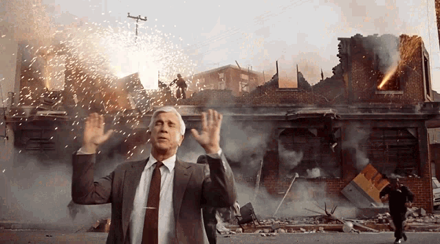 Leslie Nielsen calmly dismisses chaos, with confidence.