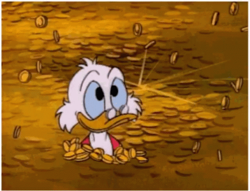 Scrooge McDuck joyfully diving into a mountain of coins.