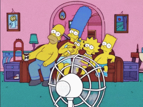 Homer and Bart melting in front of a fan due to unbearable heat.